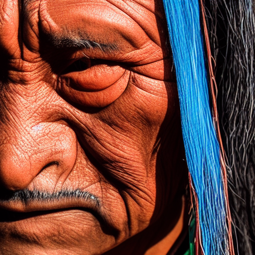  portrait photo of a asia old warrior chief, tribal panther make up, blue on red, side profile, looking away, serious eyes, 50mm portrait photography, hard rim lighting