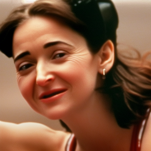 Movie still of a young Sheryl Sandberg in a movie in 1985 doing aerobics, close up.