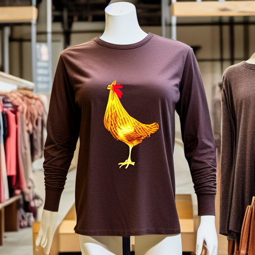 Vintage style long sleeve brown t shirt with a chicken graphic, worn by a fully assembled store display mannequin, natural daylight, 45mm lens, 4k, clean, high quality material