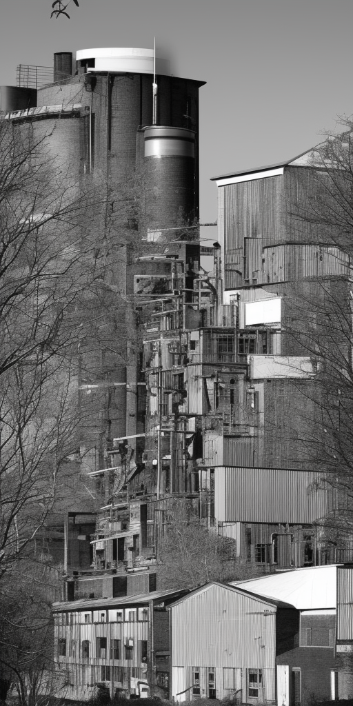 A black and white artstation of a factory in Wuppertal, a very close-up shot. It is a clear and bright day. In the center of the image, a brick chimney stands tall, dominating the top half of the picture. In the background, behind the industrial building, there is a tree. Everything else is hidden in deep shadow except for the chimney. The chimney, as the tallest object, rises stretches towards the light of the sun, as if it were a tree turning towards its source of food. The tree, which is just a tree, is only a dark outline in comparison. Would it be too deep to say that here, the capitalist human work rises above natural creativity, showing its strength and pride without realizing that its downfall is already inherent in this outstanding pride? Or is a chimney sometimes just a chimney?