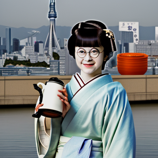 Harry Potter as a Japanese geisha holding a jug of water, with modern Tokyo in the background