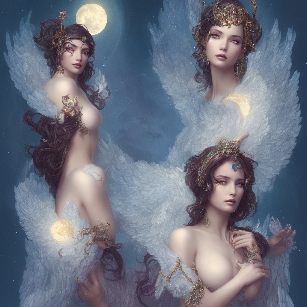 A beautiful digital painting of a sexy female Seraphim full of jewels, princess, the moon behind her, intricate, cinematic lighting, highly detailed, digital painting, Artstation, concept art, smooth, sharp focus, illustration, art by Tom Bagshaw, Artgerm and Greg Rutkowski