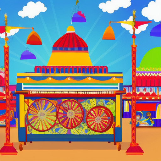 empty indian mela scene, many stalls, many rides and roller-coaster behind in background, digital vector art style, sunny background, perspective, interesting
