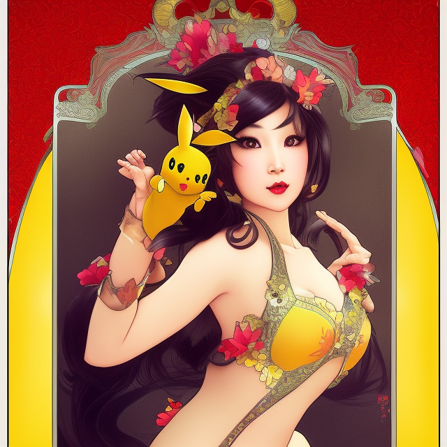 just one lonely attractive asian showgirl in a pikatchu costume!! realistic illustration by artgerm and alphonse mucha. full body, digital art, contour light effect!! 8 k, stage light, octane render, sharp edge, ultra clear, intricate, elegant, detailed,