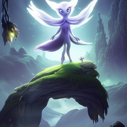 Create an image of the main character from the game Ori and the Will of the Wisps in a dynamic and striking pose. The character should be prominently displayed in the center of the composition, with their limbs and body positioned in a way that captures their motion and energy. The image should have the style and aesthetic of a poster, with bold colors and striking contrasts. The character's fur should be rendered in a way that highlights its texture and movement. The background should be evocative of the game's setting, with elements such as lush greenery or fantastical landscapes that complement the character and add depth to the overall image. The lighting should be dramatic and create a sense of atmosphere. The image should be created by Mór Than, the deviantart contest winner, who has a great understanding of the game's art style and the ability to capture its essence in a striking and memorable image, by Mór Than, deviant Art