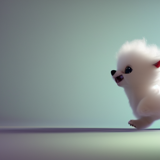 A 3d render of a cute tiny little fluffy monster running in a huge bedroom, antview, bokeh, closeup, highly detailed, 8K, stunning, hdr, subsurface scattering, global illumination, film still, Film-like, bokeh, 3d