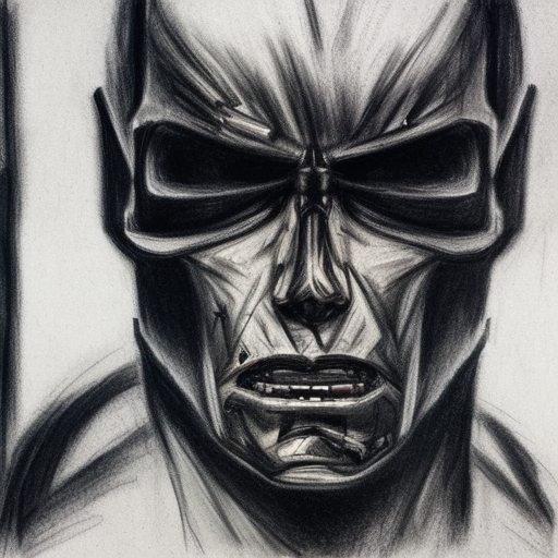 t-800 terminator looking in the mirror sketching himself with charcoal on paper 