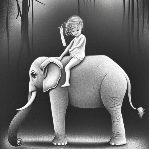  black and white pencil illustration high quality, girl riding on an elephant in the jungle