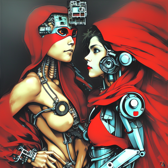 portrait of a naive latin woman wearing a red hood and a mechanical wren-bird-robot sitting on her shoulder, oil on canvas by Yoji Shinkawa and Artgerm