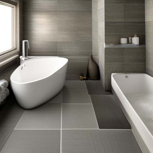 bathroom, interior design, ceramic floor, small window, essential bath tools