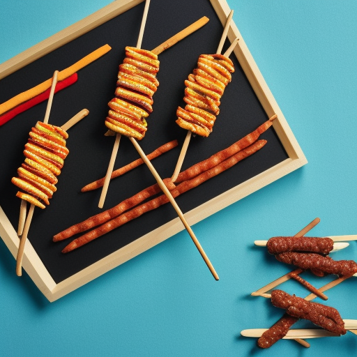 Create an artwork featuring various skewered meat snacks of  flavors