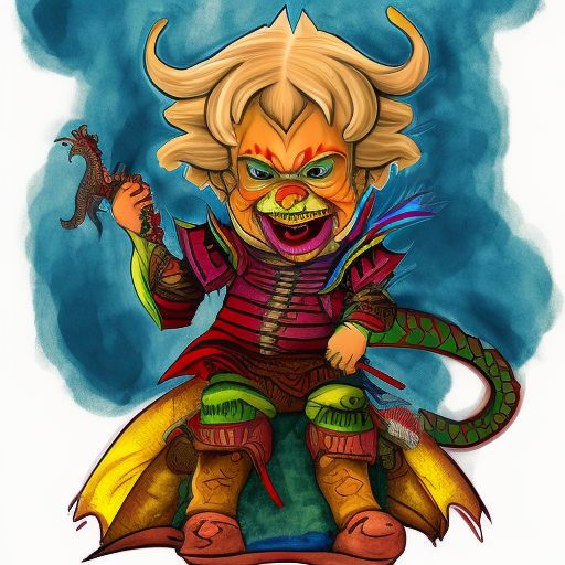 badass young angry clown on a dragon from game of thrones with colorful clothes from further perspective