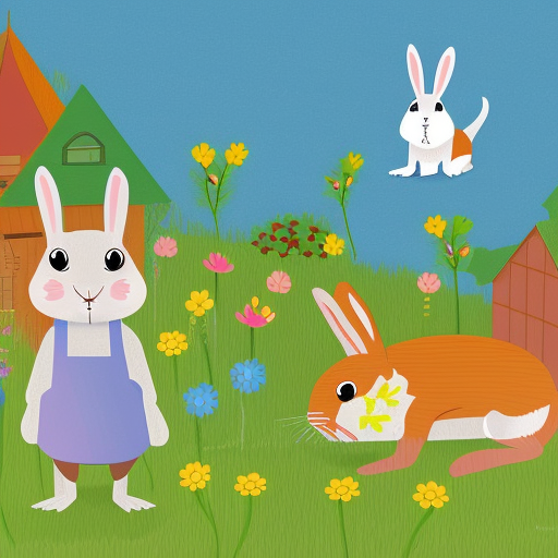 the talking rabbit, garden background of leos house, children's book illustration style, simple, cute, 6 years old, colors, flat color