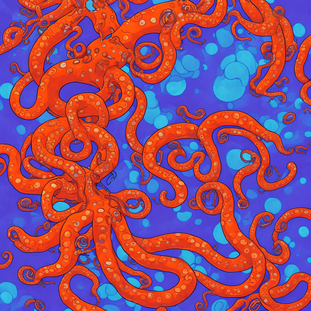 cephalopod, orange-red mecha tentacles with violet snakes entwined and floating mecha blue orbs, masterpiece, Best Quality
