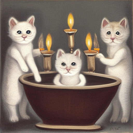 Three kittens in a tub with candlesticks 