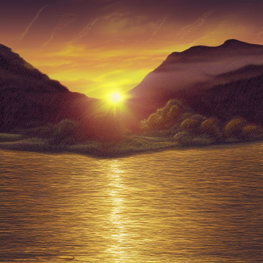 Create an image of a majestic landscape featuring a picturesque sunset with warm, golden light illuminating the sky.The background should also feature a body of water, such as a lake or ocean, with gentle waves lapping at the shore. pencil illustration high quality