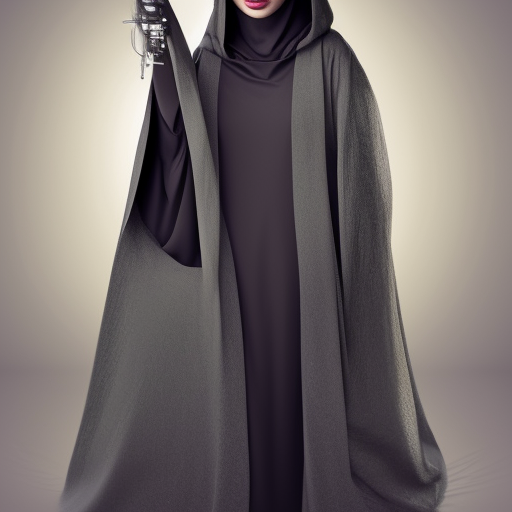 futuristic full length religious, non-christian or muslim, cult young woman in a deep hooded science fiction style clothes with face covering