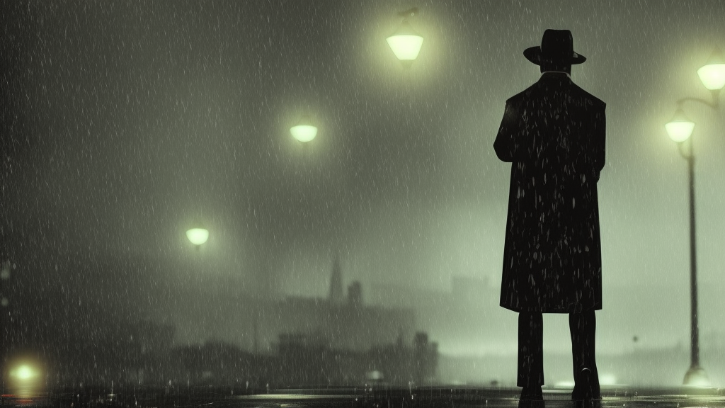 noir detective with rain in the background bokeh by blizzard concept artists, lofi vaporwave aesthetic, art nouveau style, rendered in arnold, featured on artstation and cgsociety
