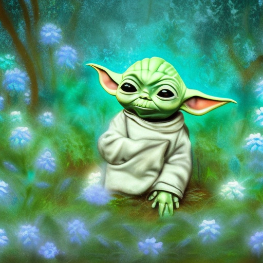 baby yoda surrounded by teal luminous flowers, in forest, at night, warm lighting, digital art, HDR oil painting on canvas