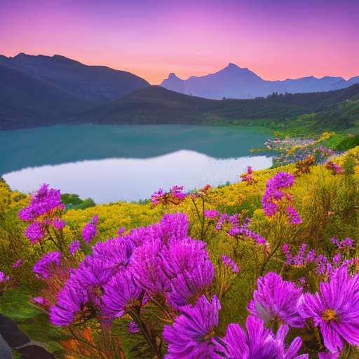 flower on the mountain, a lake in the valley, mystical sunset in the background