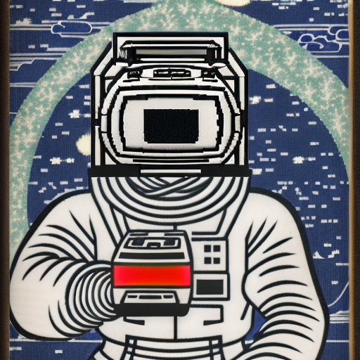 A pixelated astronaut in a monochrome background, emitting multicolor light from his vr headset Ukiyo-e Japanese woodblock