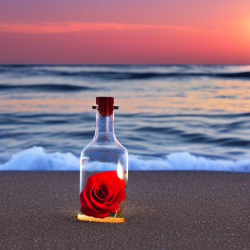 red rose in a glass bottle on the beach, soap bubbles fly around in the sky, in the background blue sea with big waves at a mystical radiant sunset