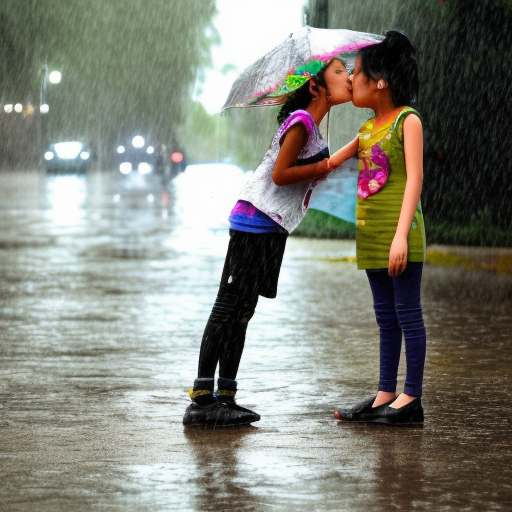 two preteens melayu girl kissing in rain 