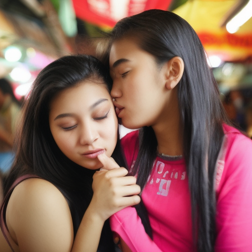 two teenage melayu girl kissing in night market 