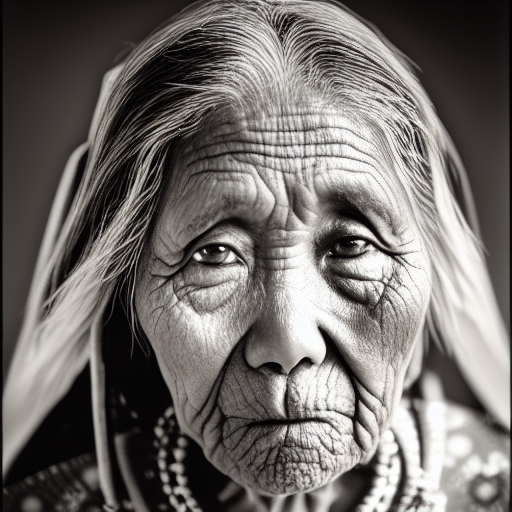 Potrait photo of a native american old woman , cinematic lighting, award winning photo, no color, 80mm lense,national geographic