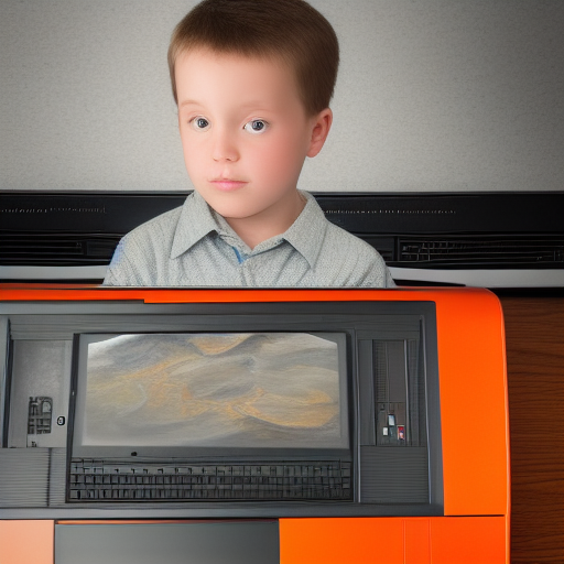 A beautiful potrait of an old computer with orange paint, high quality. The computer screen shows a river flowing. photoshoot