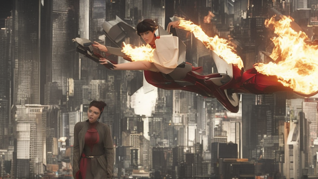very realistic renaissance scarlett johansson character, ghost in the shell, flying building made of parts and rubbish on fire, Japanese billboards