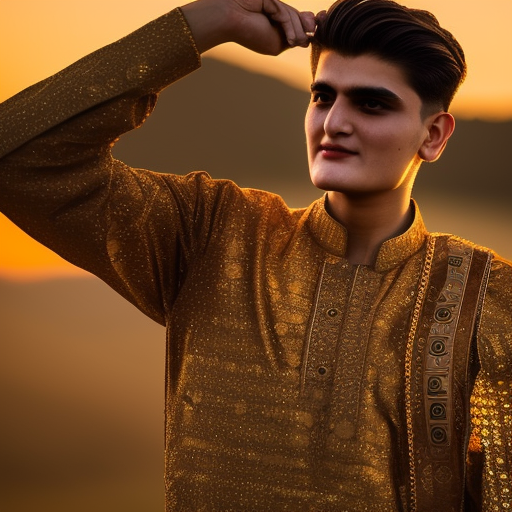 shaheen afridi in warrior costume in golden hour with golden background, close face