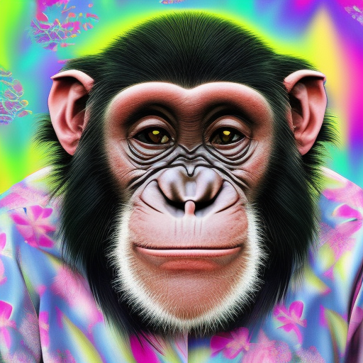front facing studio photograph of a beautiful majestic chimpanzee vaporwave monkey wearing a vaporwave fluoro Hawaiian designer shirt + fine ultra-detailed realistic hair + ultra photorealistic + Hasselblad H6D + high definition + 8k + cinematic + color grading + depth of field + photo-realistic + film lighting + rim lighting + intricate + realism + maximalist detail + very realistic + photography by Carli Davidson, Elke Vogelsang, Holy Roman