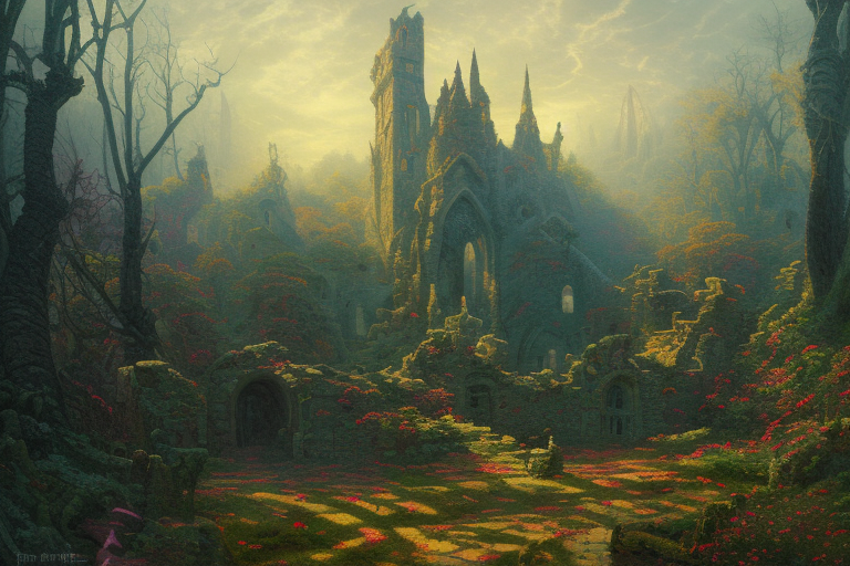 A strange painting of a singular labyrinth, like in the movie labyrinth, surrounded by woods and old castles in ruins by thomas kinkade and greg rutkowski, Trending on artstation, Cloudy autumn color scheme