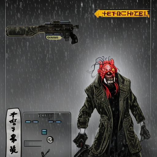 Shadowrun style horror troll in trench coat with futuristic weaponry in rainy tokyo streets and night