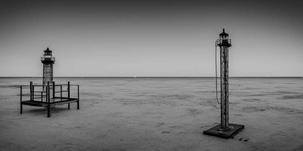 A grayscale oil artstation of a platform on a metal column directly in front of a Spiekerooge beach. This could be mistaken for a lighthouse, but this can only happen on clear, bright days. At night, the construct then clears itself up due to its lack of luminosity. Otherwise it is cloudy, but dry. On the horizon you can barely see the mainland. Directly in front of the tower, a sandbank with its highest hump tip pushes through the water surface.