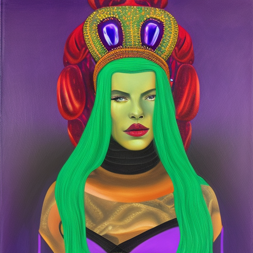 skrull empress with large headdress, in a royal palace with red cosmo background.
a Snake around neck. Dress purple. Green skin. braids in hair oil painting on canvas