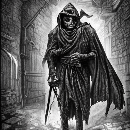 sorcerer of Belakor in black hood in medieval dark alley, evil book, belt made from chains, soot-covered face, big black nails in flesh, black shadow magic, Warhammer fantasy, creepy, grim-dark, gritty, realistic, illustration, high definition