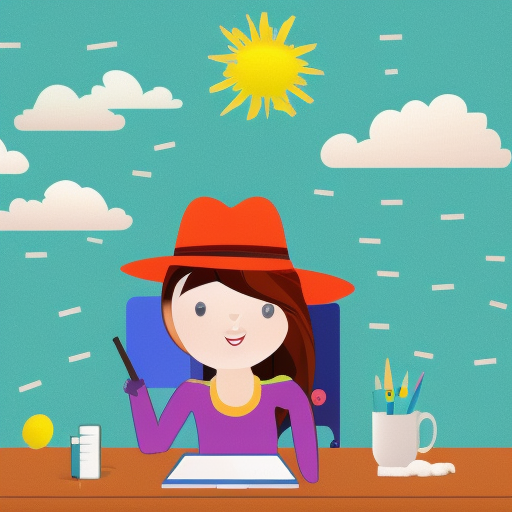A woman with a hat, a desk with a computer, background a majectic mountain, fairy tale, happy colors