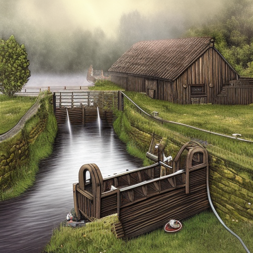 Dark medieval wide rocky river lock with two sluices, water levels, lock gates, one house, Warhammer fantasy, summer, bushes, trees, nets, fishing, fish, water-lily, boat, poor, black adder, muddy, puddles, misty, overcast, Dark, creepy, grim-dark, gritty, detailed, realistic, illustration, high definition