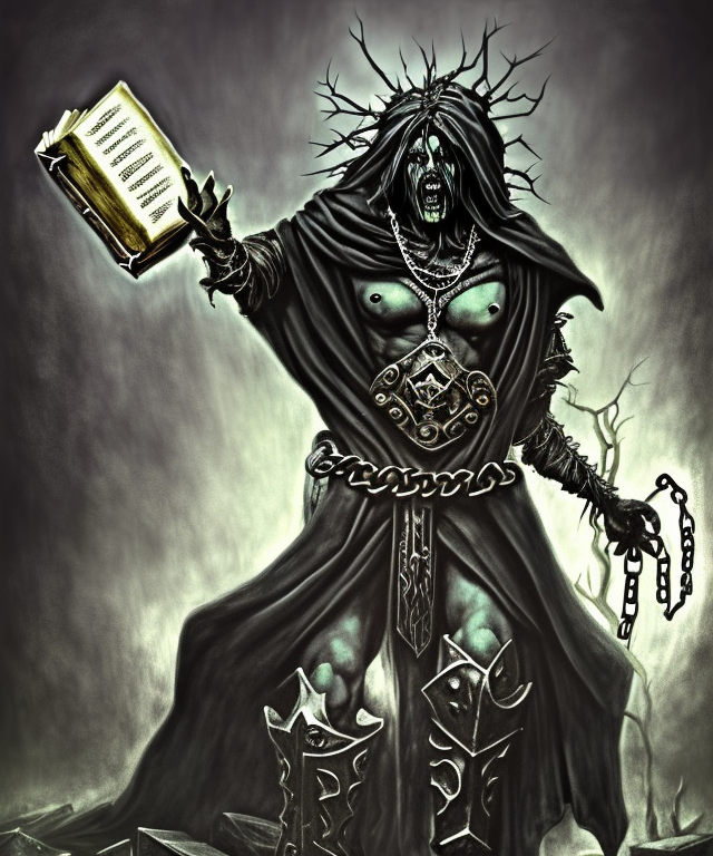 dark sorcerer of Belakor with book, chains, big black nails in flesh, using shadow magic, Warhammer fantasy, creepy, grim-dark, gritty, realistic, illustration, high definition