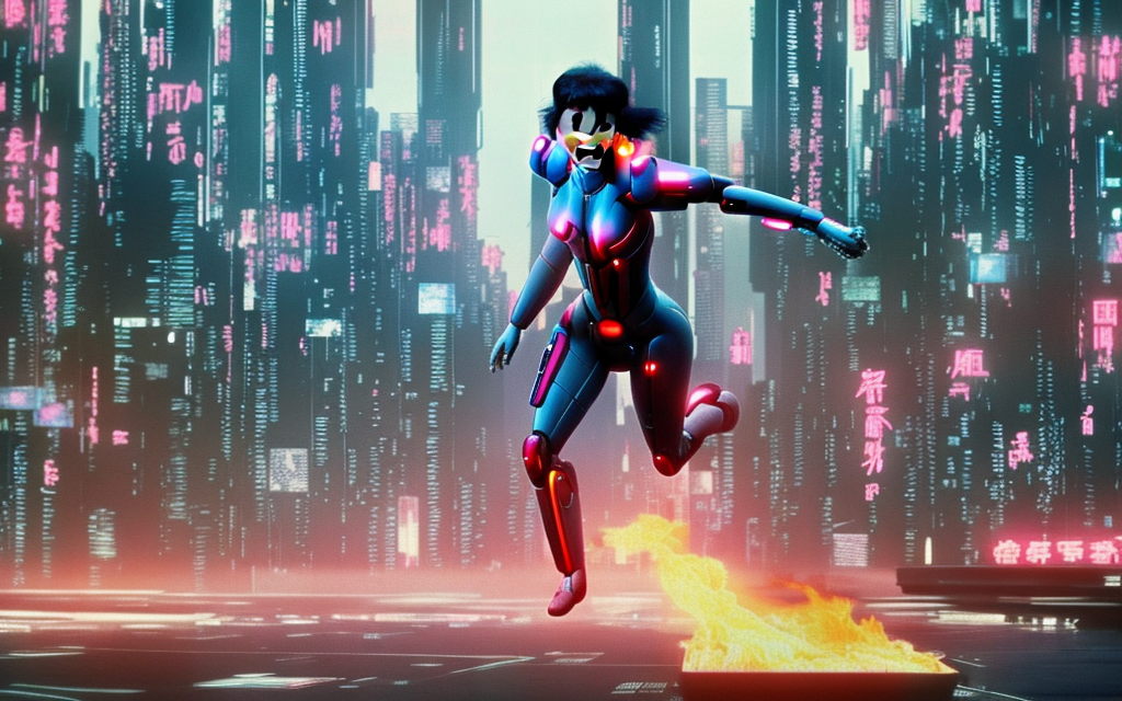 very realistic scarlett johansson, ghost in the shell falling from the sky into a futuristic city on fire, with neon billboards and flying cars


