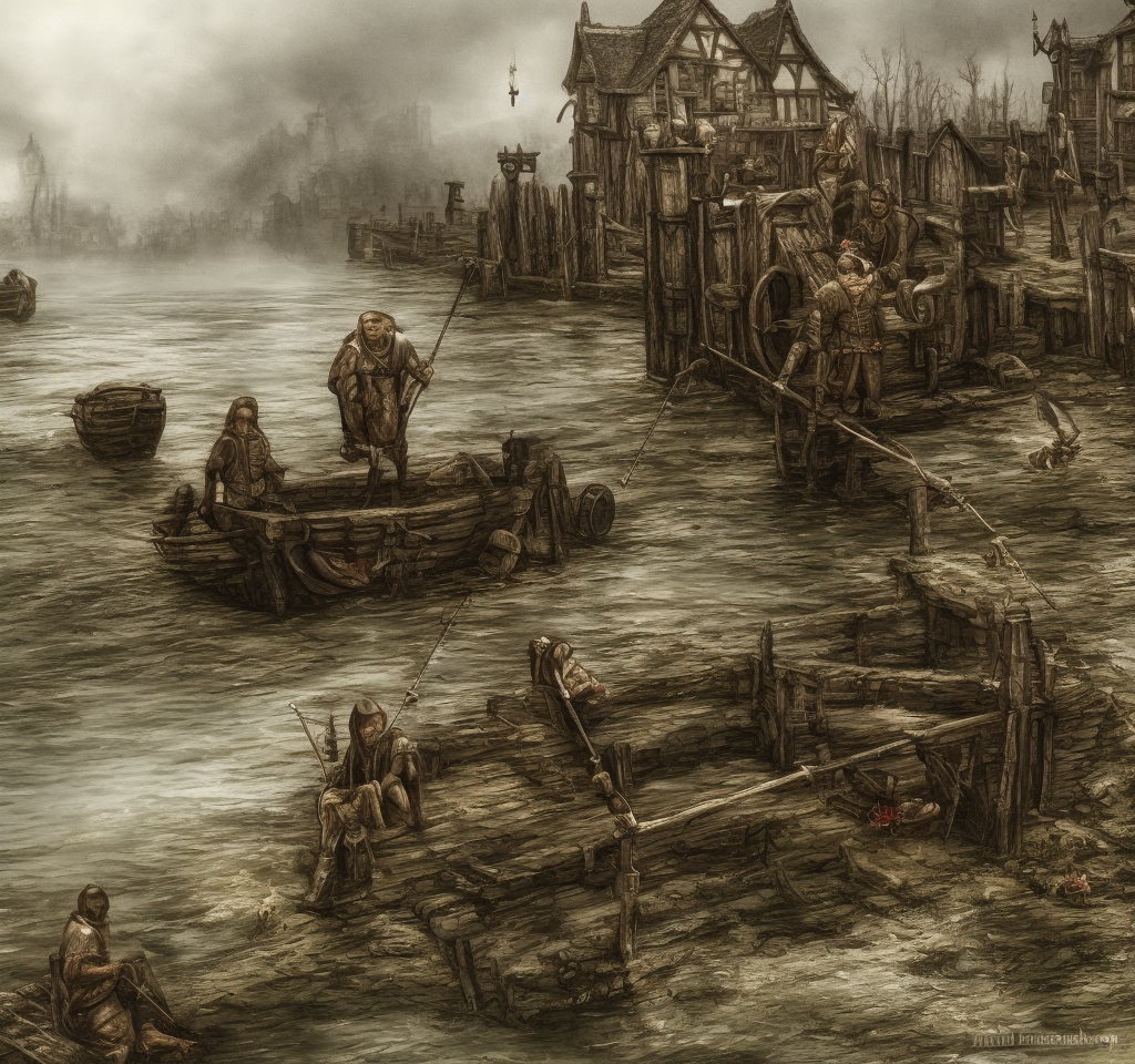 dark medieval river lock, Warhammer fantasy, summer, crates, fishing, boat, poor, black adder, muddy, puddles, misty, overcast, Dark, creepy, grim-dark, gritty, detailed, realistic, illustration, high definition