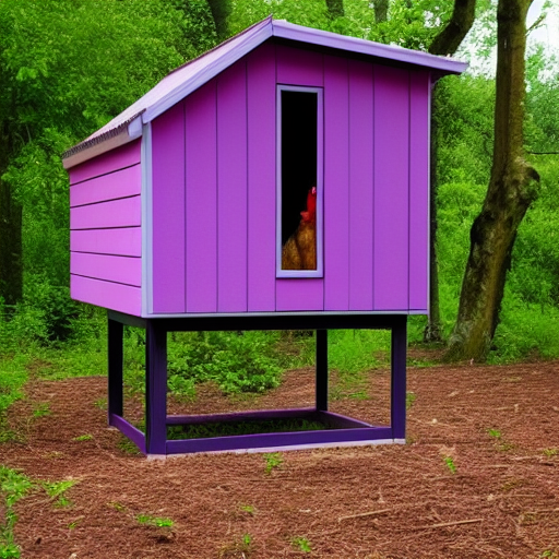 beautiful chicken coop, modern, made of purple wood, surrounded by lush forest, realistic