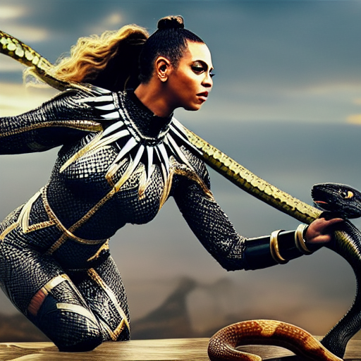 Beyonce as Black Panther tackling a snake. ultra-realistic portrait cinematic lighting 80mm lens, 8k, photography bokeh