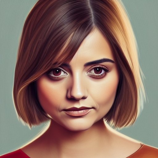 Jenna Coleman beautiful portrait, beautiful bone structure, symmetrical facial features, big eyes, retrouse nose, strong eyebrows, dimples, digital painting, long flowing hair