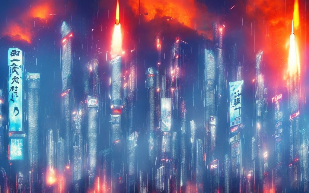realistic large blue mech firing missiles in blade runner tower city on fire neon japanese billboards cloud sky

