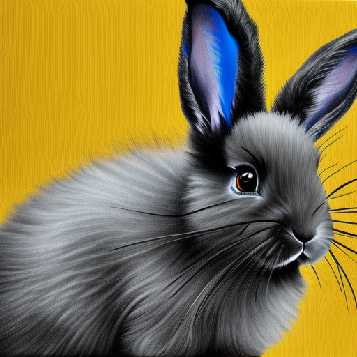 cute and fluffy black rabbit with big ears from brush strokes of yellow and blue paint, portrait