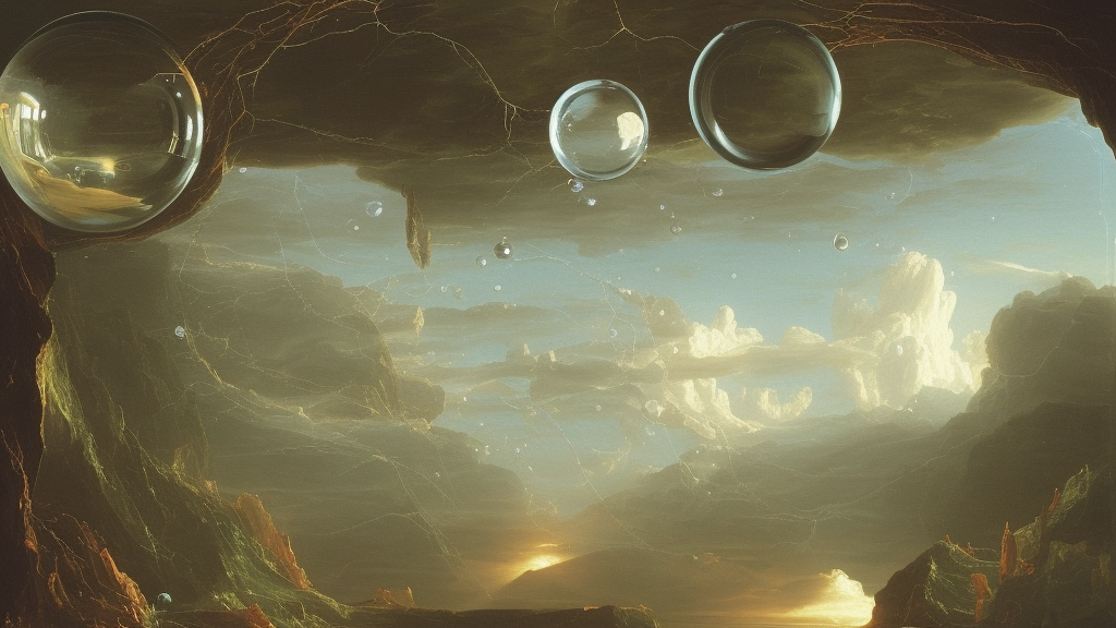 a painting by Thomas Cole of several glass spheres suspended midair, alternative reality mirrors, highly detailed 3d rendering from 1996