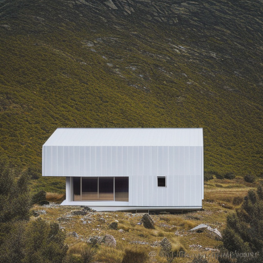 "agnes martin" dramatic "mountain house" photo realistic exterior drone perspective